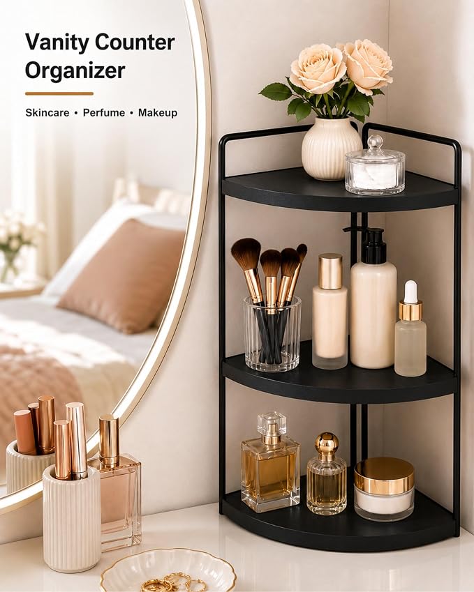 3-Tier Corner Bathroom Counter Organizer, Solid Pine Vanity Shelf, Black | Solid pine 3-tier corner shelf with 6.3 in clearance for tall bottles in bathroom, vanity, kitchen, or coffee bar.