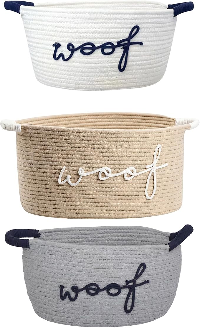 Hand Woven Cotton Rope Dog Toy Storage Basket Featuring Animal Patterns and Strong Handles for Pets