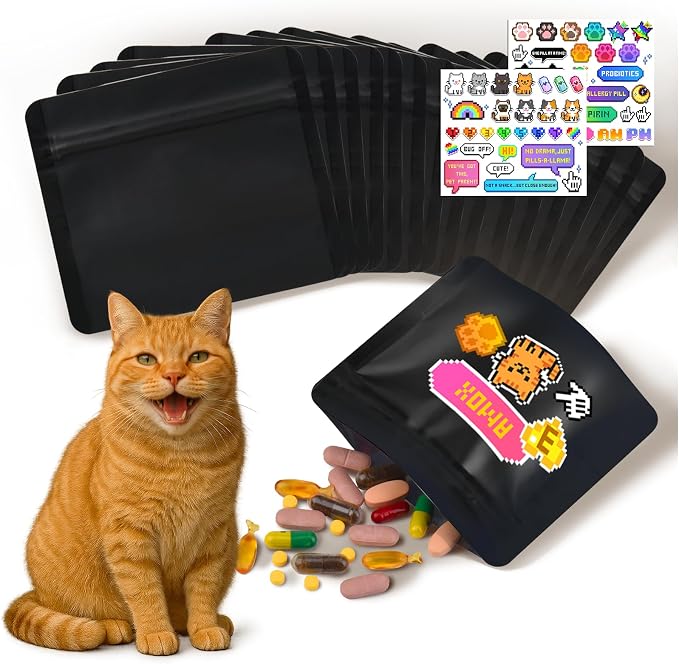 Reusable Pet Pill Pouches for Light Medicine,- 200pcs Capacitywith Zippered Seal, Zippered Medicine Bags with Fun Labels,Waterproof for Medications, Vitamins, Treats (Black Cat)