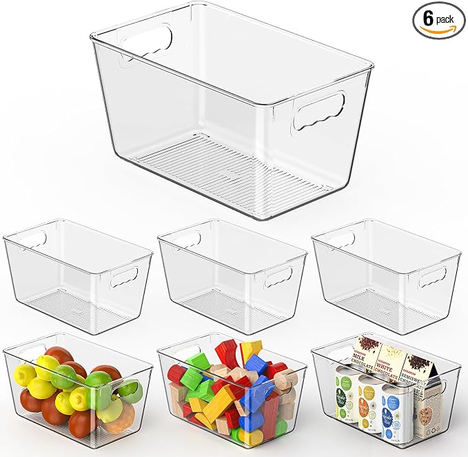 Clear Fridge Organizer Bins with Handles, 6 Pack Medium 10×6×5 Inch | Clear storage bins with handles, food organizer basket for kitchen, fridge, freezer and bedrooms