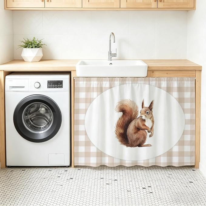 Squirrel Plaid Oven Skirt Curtain for Kitchen Decor 28"x35", Modern Farmhouse Checkered Rustic Animal Self Adhesive Stove Curtains Skirt Cabinet Curtains for Bathroom Laundry Room