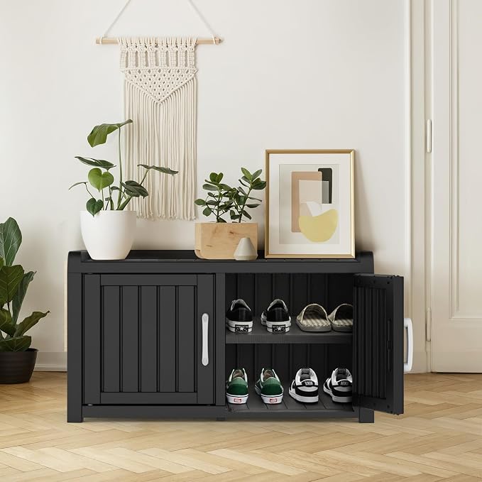 ROJIK Shoe Cabinet Storage Bench Indoor Outdoor, Waterproof UV-Resistant Resin Entryway Furniture with Adjustable Shelves for Hallway, Living Room and Bedroom (Double Door, Classic Black)