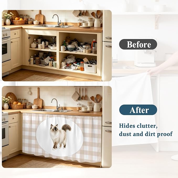 Ragdoll Cat Sink Skirt for Bathroom, Self-Adhesive Under Sink Curtain, Modern Linen Plaid Farmhouse Pet Cats Hide Pipes & Storage Fabric Cabinet Skirt Cover for Kitchen Laundry 32"x55"