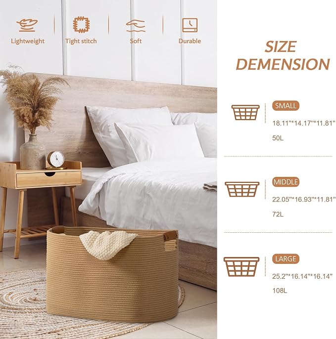 danpinera Large Blanket Basket for Living Room, 72 L Woven Cotton Rope Baskets for Kids Toy, Pillows, Towels, Cotton Organizing with leather handle, Storage Bin for Nursery, 22’’*17’’*11.8’’ Jute