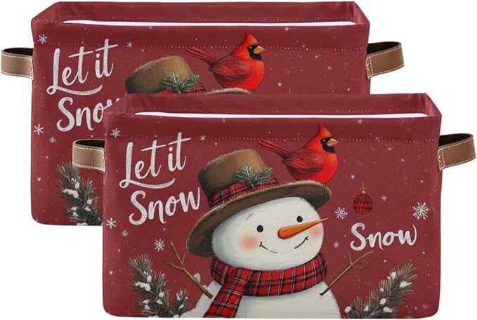 Winter Snowman Cardinal Birds Storage Basket with Waterproof Liner and PU Handles Let It Snow Christmas Red Storage Bins Boxes 14.2" Collapsible Decorative Baskets for Bedroom Closet Office 2 Pack