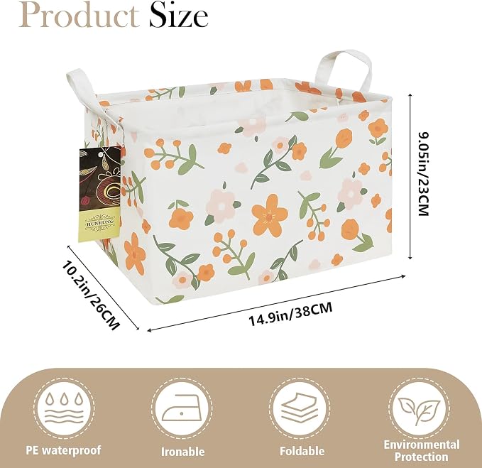 Rectangle Foldable Storage Basket Handles For Home, Orange Flower | Waterproof canvas material, reinforced handles, perfect for shelf use, organizes clothes, daily items and pet supplies