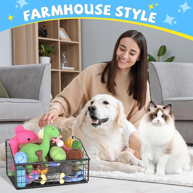 Kaiferty Indestructible Dog Toy basket, Small Toy Box for Dogs, Pet Toy Bin Dog Metal Basket for Toys, Toy Storage Organizer, Cat Toy Box for Living Room Area(Black)