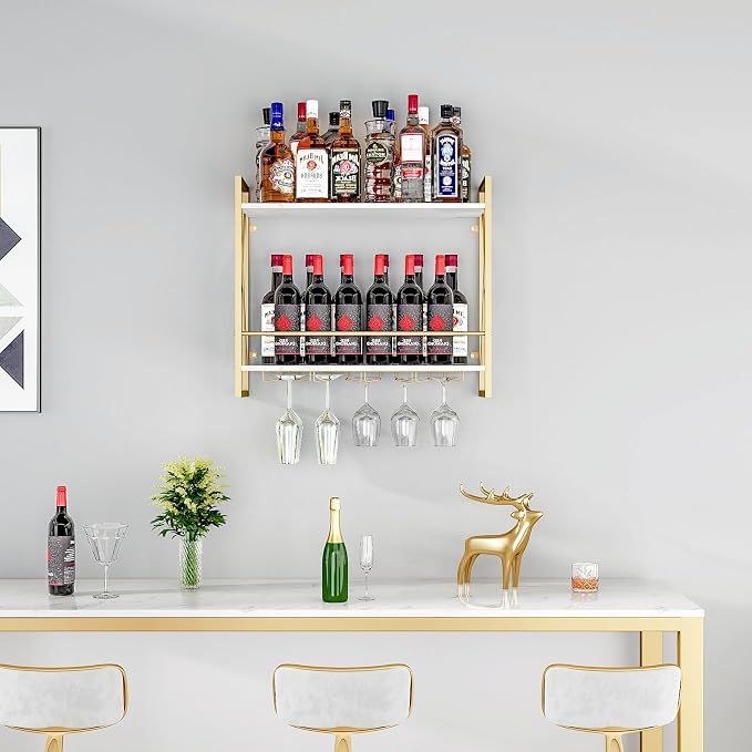Dokser Wine Rack Wall Mounted 2 Tier Shelf Wine Bottle Holder for Kitchen | Gold 2 Tier Wall Wine Rack with Rustic Wood & Industrial Iron Frame, Wine Bottle Holder for Dining Room, Home Bar Decor