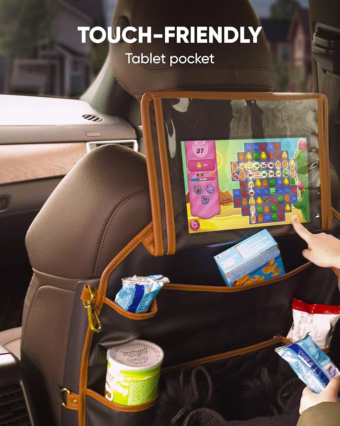 Owleys Back of Seat Organizer for Kids | Car Storage Caddy – 8 Pockets + Transparent Tablet Holder | Waterproof Eco-Leather | 27.5' x 18.5' | Brown+Black | Hanging faux leather backseat organizer, 8 pockets plus a clear tablet pocket, doubles as a kick...