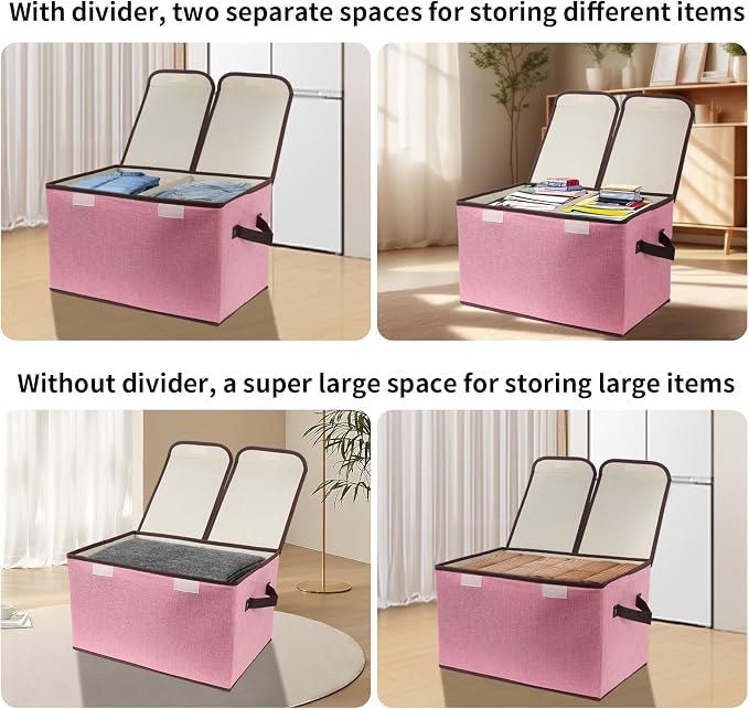 Foldable Fabric Storage Box, 16.5 x 11.8 x 9.8 inches (L x W x H), with Double-Lid & Dividers, Large Organizer for Home, Closet, Office(Pink, 3 Packs)