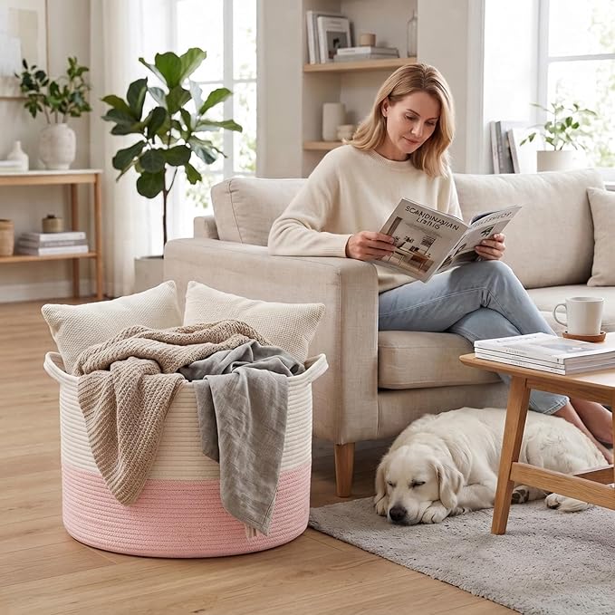 115L Extra Large Pink Woven Cotton Rope Basket with Handles | Kids Nursery Laundry Basket Hamper for Toys, Blankets, Pillows & Comforters, Cute Storage Bin for Bedroom & Playroom
