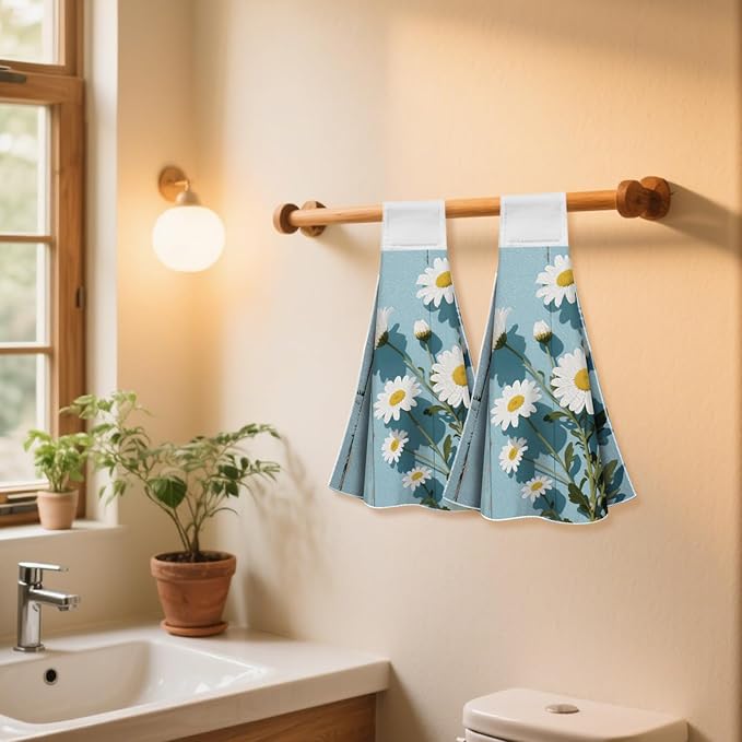 CUTHOLLOW Daisies Flowers Hanging Kitchen Towels with Loop, Set of 2 - Soft & Super Absorbent Microfiber Decorative Hanging Dish & Hand Towel, Tea, Coffee Towel for Kitchen Bathroom Oven Handle