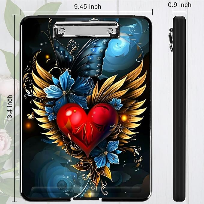 Winged Heart A4 Clipboard with Storage Pen Holder, Clipboards Organizer Nursing Clipboard Foldable File Folder Plastic Clipboard Folio Clip Board for Office Students Classroom Doctor