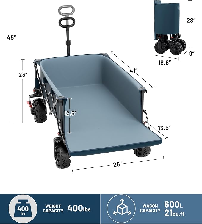 TIMBER RIDGE 600L Beast Wagon 26" W Extra Wide All Terrain Folding w/Big Wheels, Cargo Net & Tailgate, 26" W and 54.5" L, 400lbs Heavy Duty Collapsible Portable Cart for Camping, Sports, Dogs, Blue