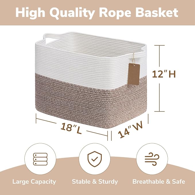 Goodpick 50L Large Woven Rope Storage Basket, Rectangle, Brown | 18" × 14" × 12" Decorative Gift Basket for Living Room & Nursery Organization, Fits Blankets, Toys & Clothes Storage