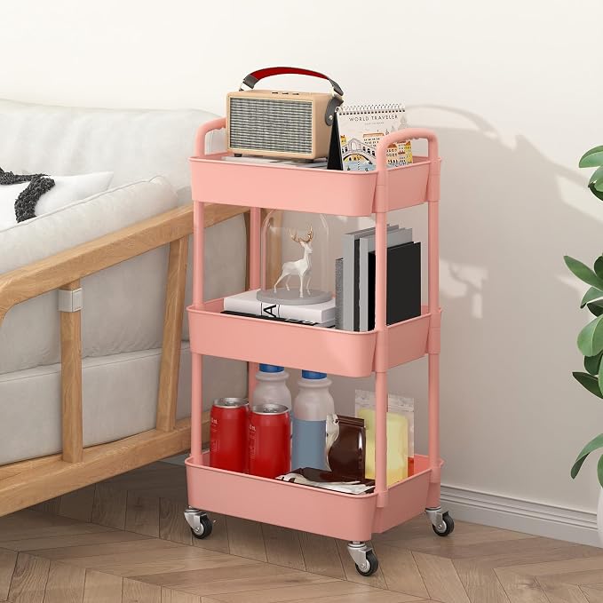 Sywhitta 3-Tier Plastic Rolling Utility Cart with Wheels for Storage, Pink | Multi-Functional Storage Trolley, for Office, Living Room, Kitchen, Bathroom,Movable Organizer,Space-Saving,Easy to assemble