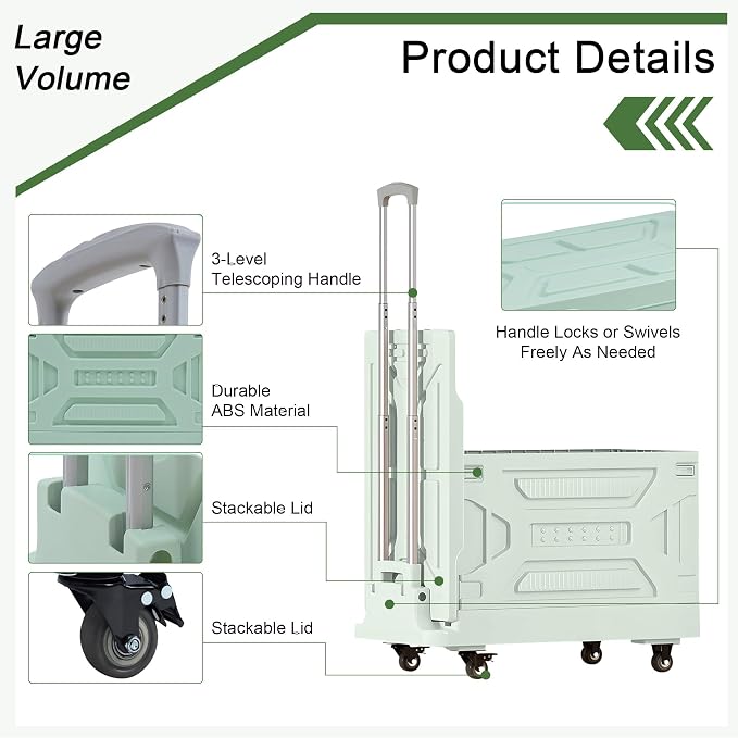 VECELO 23 GAL 2-in-1 Foldable Shopping Cart, Collapsible Utility Cart with Adjustable Handle & 360° Wheels, Dual-Mode Rolling Crate (Basket/Flatbed) for Groceries, Camping, Compact Storage, Green