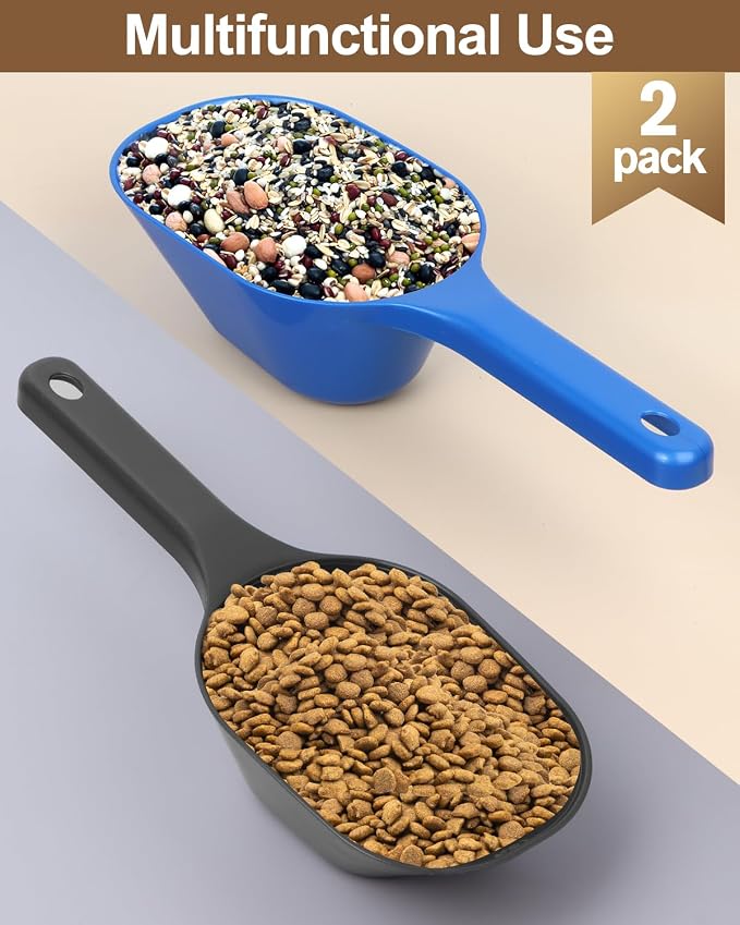 2 PACK Dog Food Scoop, 1 Cup Pet Food Scoop With Measuring Lines | Black and Blue, Clear Markings for Precise Measuring 1/2 and 1 Cup Line,Dishwasher Safe,Plastic,Portable and Sturdy