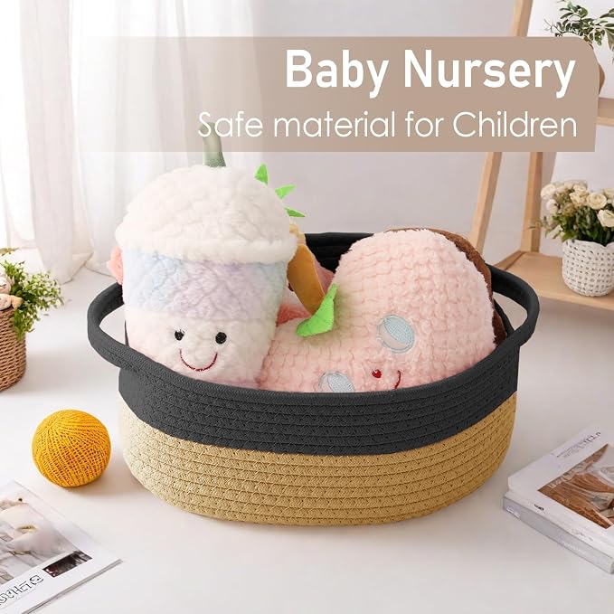 JMvicyroam Small Woven Basket, Empty Gift Basket, Black&Jute/3 Pack | Small Gift Basket, Cotton Rope, 12 x 8 x 83 in, Handles, Includes Ribbon and Bag, Birthday Gift Basket