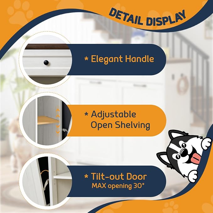 Double Tilt Out Trash Can Cabinet with Dog Bowl, 10 Gallons Dog Food Storage Cabinet, Hidden Trash Can Cabinet with Hideaway Drawer for Kitchen, Living Room (White Grain, Double Door)