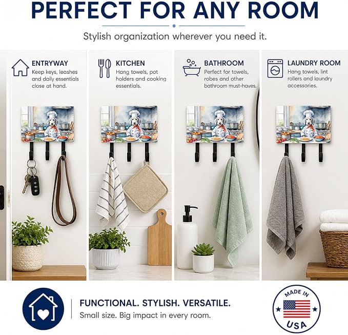 Caroline's Treasures Bedlington Terrier The Chef Leash or Key Holder Wall Hooks, Key Hooks Holder, Coat Rack Wall Mount, Coat Hooks, Hooks for Hanging Keys, Towels, Aprons, Leashes | Bedlington Terrier The Chef artwork on ceramic tile with three steel ...