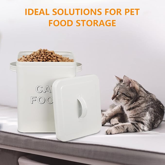 Pethiy Cat Food and Treats Containers Set with Scoop for Cats or Dogs -Tight Fitting Wood Lids - Coated Carbon Steel - Storage Canister Tins-Cat-White