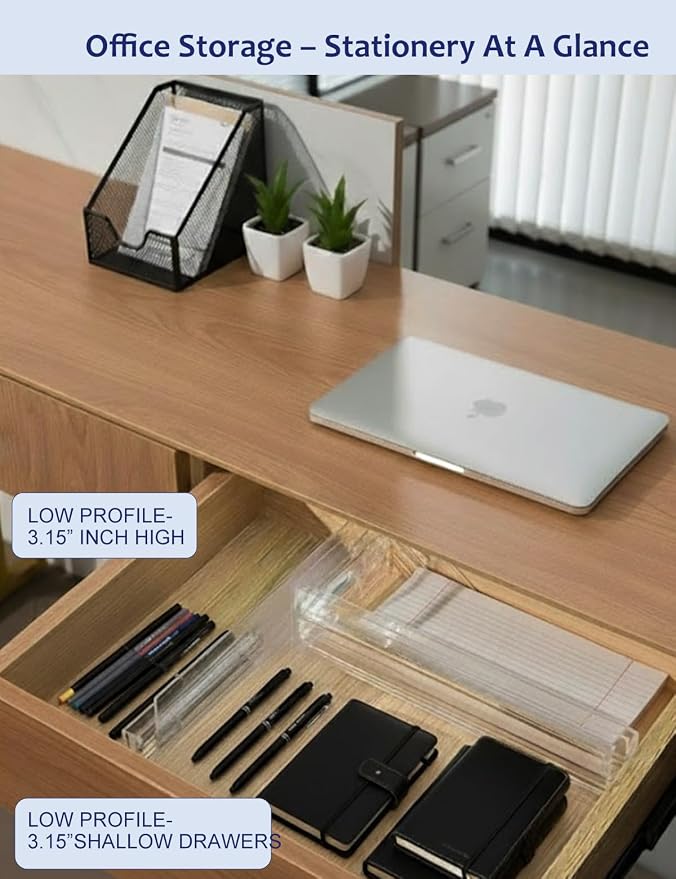 Adjustable Drawer Dividers 5 Pack, 3.15" High, Clear Plastic | 11"-20" expanding shallow drawer organizer with non-slip pads for socks, makeup, kitchen, bathroom and desk.