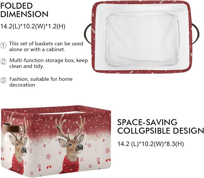 Wamika Christmas Reindeer Storage Basket with Waterproof Liner and PU Handles Winter Snowflake Red Storage Bins Boxes 14.2" Collapsible Decorative Organizer Baskets for Bedroom Closet Office 2 Pack