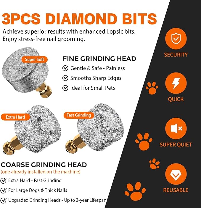 Whisper Quiet Dog Nail Grinder with 4 LED Lights, Safe & Stress-Free for Sensitive Dogs Cats of All Breeds & Sizes, 3 Grinding Bits, 3-Speed, Pet Nail Trimmers, Rechargeable Painless Grooming Kit
