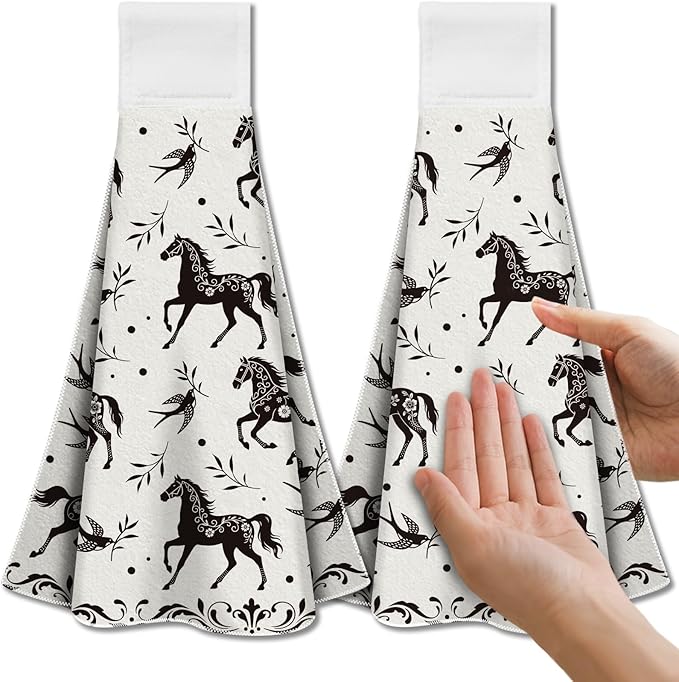 CUTHOLLOW Black Horse and Swallow Hanging Kitchen Towels with Loop, Set of 2 Soft & Super Absorbent Microfiber Decorative Hanging Dish & Hand Towel, Tea Coffee Towel for Kitchen Bathroom Oven Handle