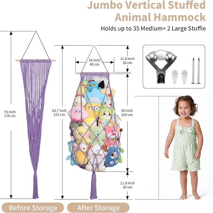 Stuffed Animal Storage Hammock Corner,70'' Macrame Toy Net,Purple | Wall Ceiling Over Door Hanging Stuffed Animals Hammock, Boho Macrame Stuffy Storage Holder, Nursery Playroom Kid Room Decor