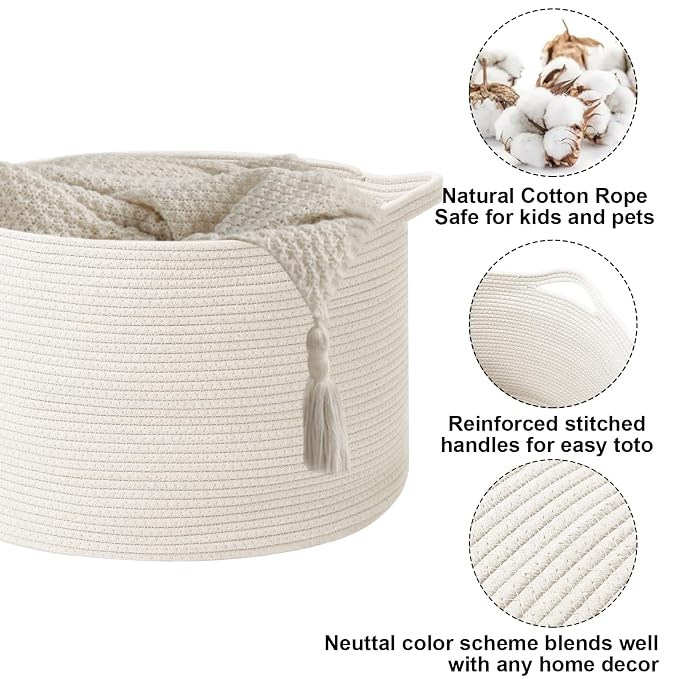 90L Large Blanket Basket,Rope WovenLaundry Basket-White | Collapsible, reinforced handles, nursery storage bin organizes clothes, toys and pillows for living room, bedroom bathroom