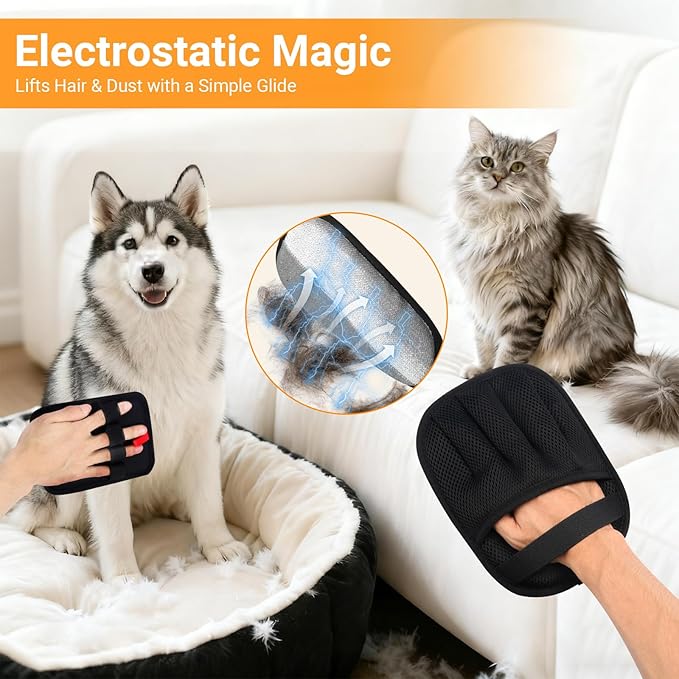 3 PCS Pet Hair Removal Glove for Dogs & Cats, Upgraded Five-Finger the Magic Brush Pets Hair Gloves Reusable Electrostatic Fur Remover for Couch, Clothing, Carpet, Furniture, Car Seats