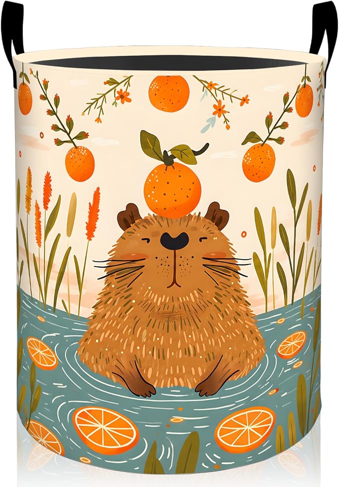 Capybara Laundry Basket, Cute Orange Fruit Foldable Oxford Cloth, Waterproof Dirty Clothes Hamper with Handles, Clothing Storage Bin Toy Organizer for Bedroom Dorm Bathroom, 19.7"x15.7"