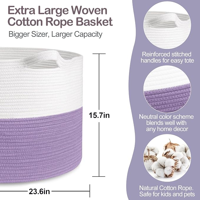 MEGASKET 115L Oversized Purple Basket, 23.6“x15.7 Woven Cotton Rope Baskets for Storage, Blanket Storage for Living Room, Jumbo Woven Laundry Hamper, Towel Bin Box, Purple Living Room Decor