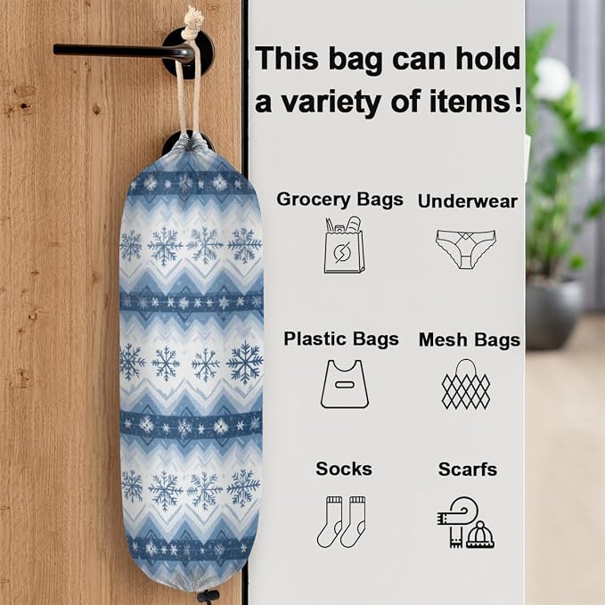 Winter Snowflake Plastic Bag Holder Blue Snow Grocery Bag Storage Dispenser Washable Hanging Shopping Bags Carrier Reusable Wall Mount Trash Bag Organizer for Kitchen Pantry