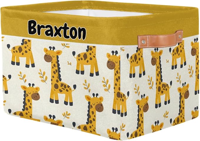 Custom Storage Baskets Name, Personalized Storage Bins Basket Boxes PU Leather Handles for Clothes Bedroom Closet Organizing Toys Books Shelves, Cartoon Giraffes Autumn Yellow Leaves