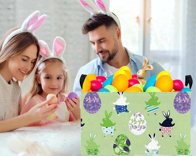 Large Rectangular Easter Baskets Empty Waterproof Boy Toy Box Foldable Kid's Gifts Storage Bin Spring Room Decor(Green Dancing Rabbit Egg)
