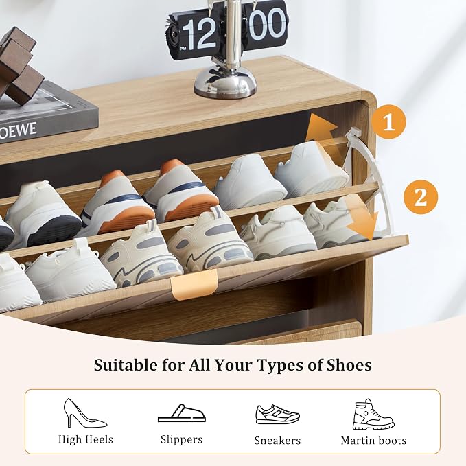 Shoe Storage Cabinet for Entryway with 2 Flip Drawers, Freestanding Narrow Wooden Shoe Cabinet with Wave Panel, Hidden Shoe Organizer for Foyer, Hallway (Natural)
