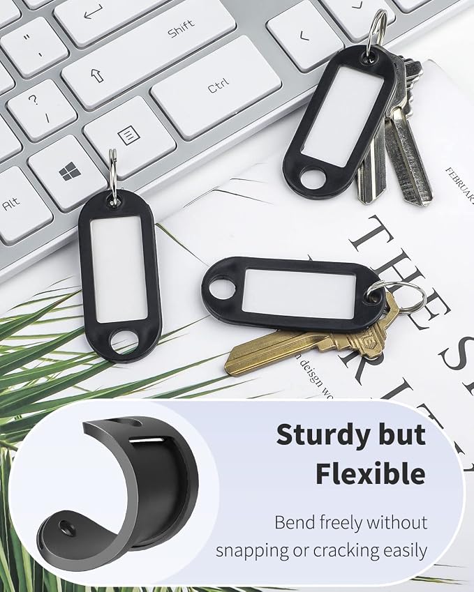 Uniclife 40 Pack Key Tags 2 Inch Plastic Key Chain Tags with Label, Black | Writable key tags with clear windows, blank paper labels, protective films and split rings for easy item identification