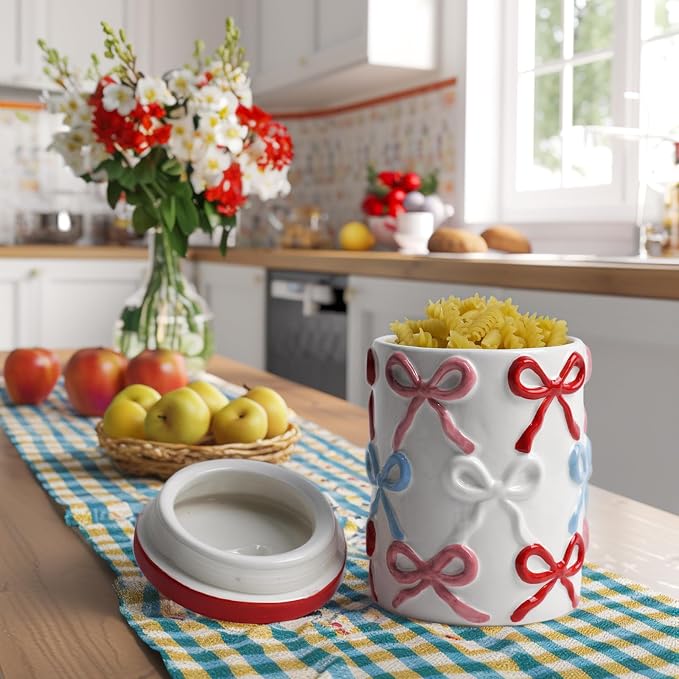 DIF DECO Cookie Jars with Lid Airtight, 42 OZ Large Ceramic Food Storage Containers, Red Bow Kitchen Canisters for Countertop, Suitable for Home Decor of Coffee, Sugar, Tea, Flour, Dog Treat (7.5 In)