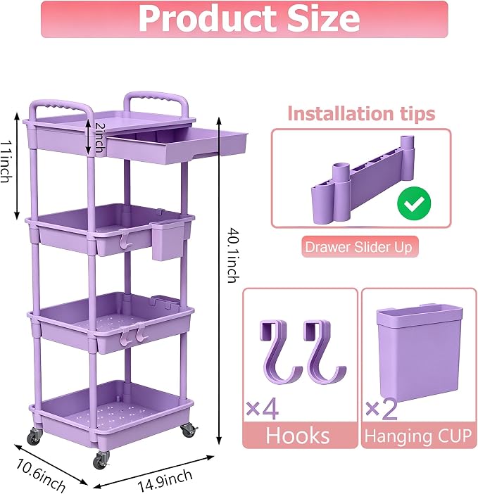 REBECAT 4 Tier Rolling Cart with Drawer, Utility Storage Cart on Wheels for Kitchen, Bathroom, Living Room,Office(Purple)