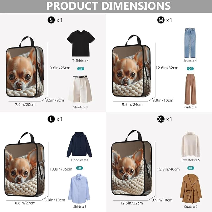 Cute Brown Chihuahua Compression Packing Cubes Set Of 4, Lightweight Expandable Travel Organizer Bags With Double Zipper For Vacation Business