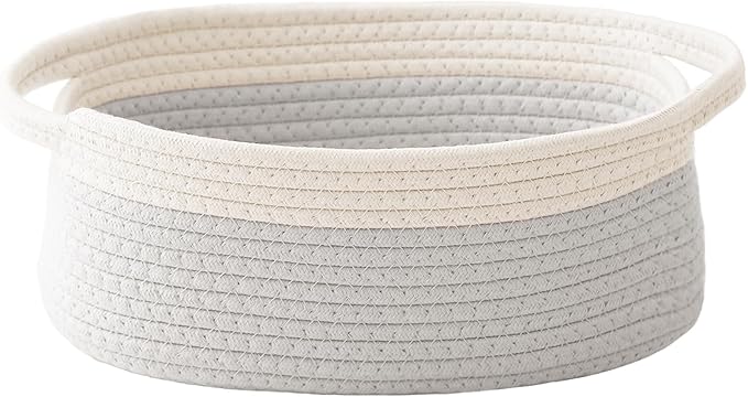 JMvicyroam Small Woven Basket, Empty Gift Basket, White&Grey/1 Pack | Small Gift Basket, Cotton Rope, 12 x 8 x 66 in, Handles, Includes Ribbon and Bag, Birthday Gift Basket