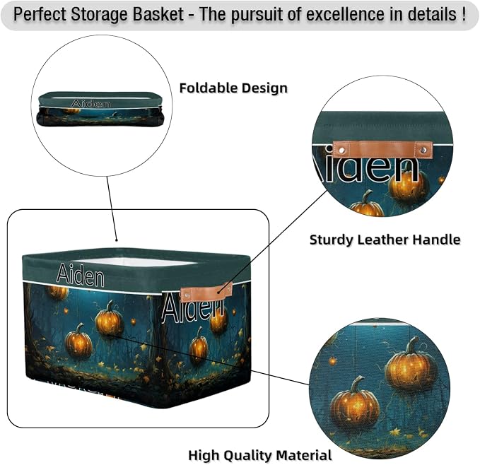 Custom Storage Baskets for Kids with Name, Happy Halloween Pumpkins Night Forest Large Foldable Organizer Collapsible Storage Bin with Leather Handle for Home Toys Closet Nursery