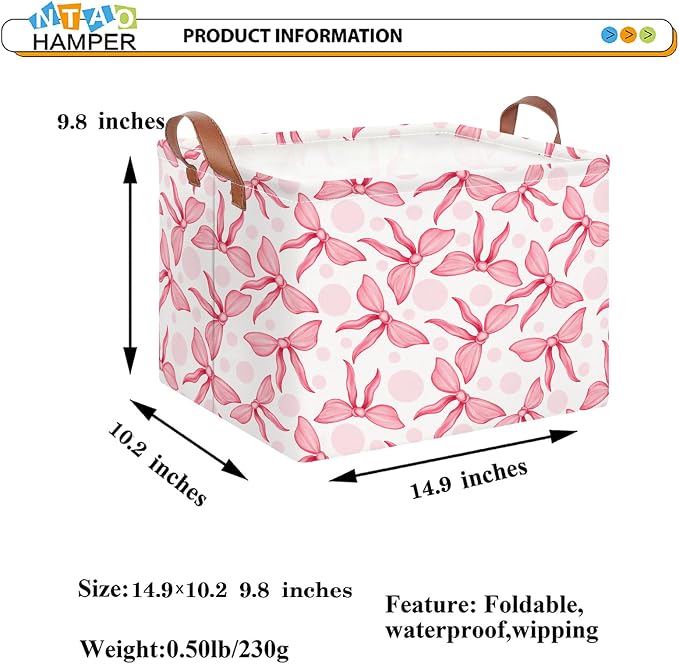 NTAOHAMPER Rectangular Storage Basket Empty,Toys Storage Bin with Handles,Baby Room Decor,Gift Basket,Book Box(Pink Bowknot)