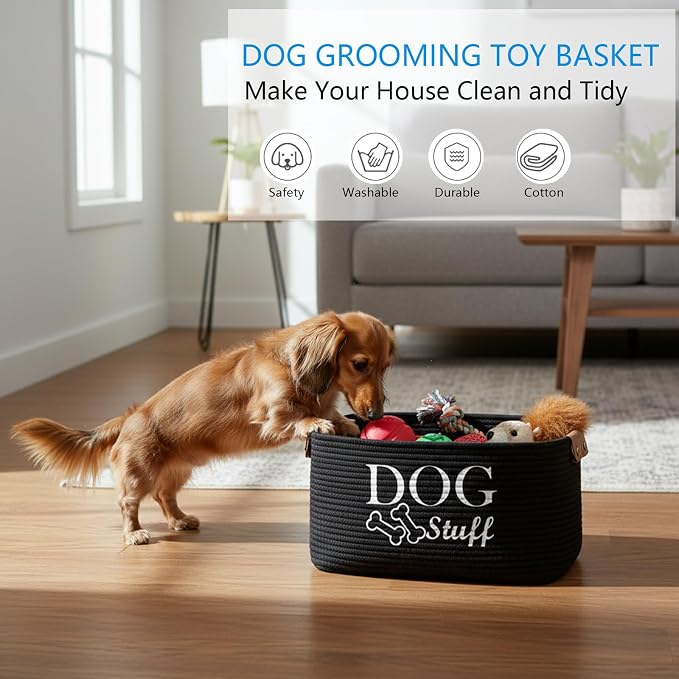 Morezi D og toy basket storage large bin pet puppy toy box in cotton rope perfect for organizing pet toys blankets leashes clothing doggie stuff - Black