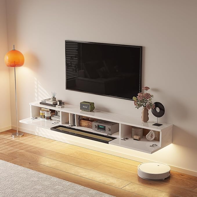 FurniNova 70 inch Floating TV Stand, Modern PET High Gloss Wall Mounted Media Console with Glass Door, Plywood Entertainment Center for 75 inch TV,White