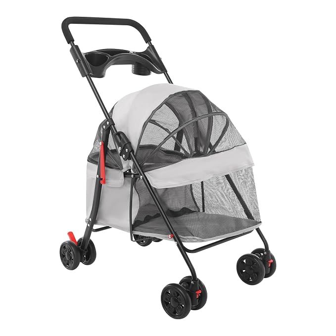 Foldable Pet Stroller Cart for Small Medium Dogs Cats, 40lbs Capacity Pet Travel Cart with 360° Swivel Front Wheels, Breathable Mesh Travel Pet Carrier with Cup Holder(Light Gray)
