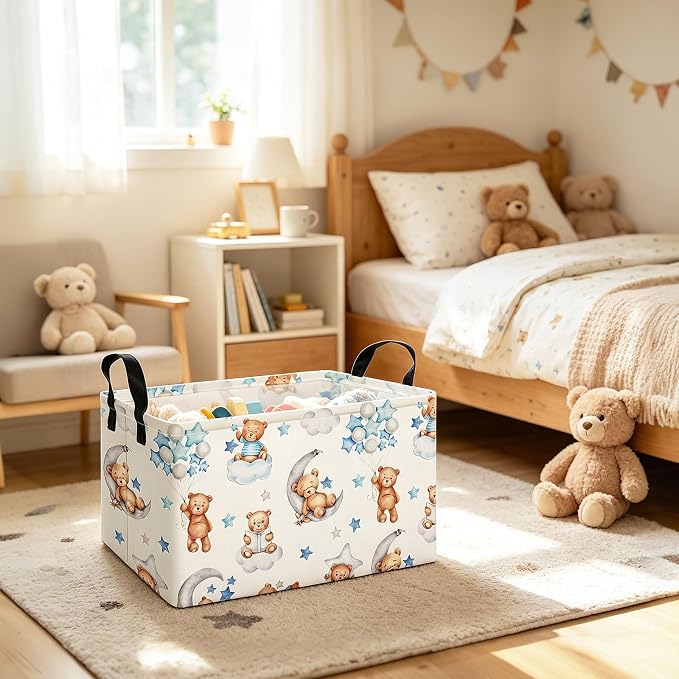Rectangular Bear Storage Bin, Fabric Closet Organizer Basket | Einforced side grips, foldable holder arranges clothing and bedroom personal belongings